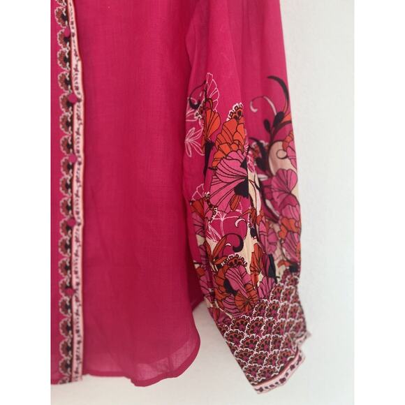 Chico's Pink Floral Blouse Sz M Long Sleeve Button Down Ruche Wrist Boho - Picture 3 of 13